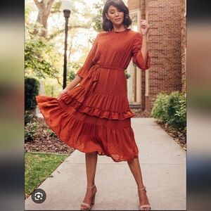 Orange Creek Rust Ruffle Midi Dress